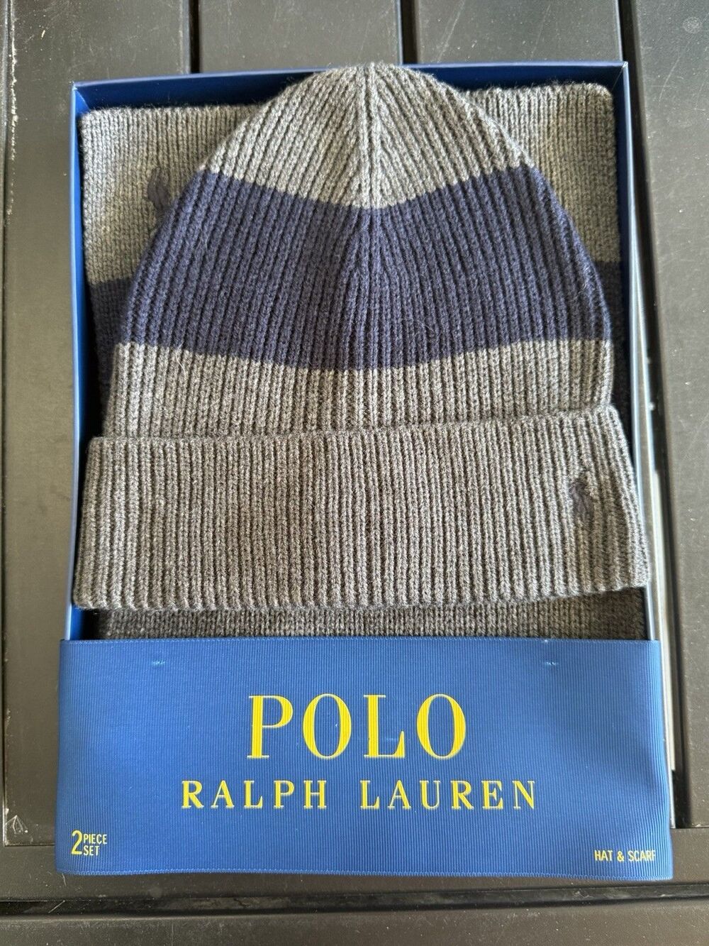 Polo Ralph Lauren Mens Hat & Scarf 2 Piece Set One Size Gray Navy Stripe NWT - Picture 1 of 3